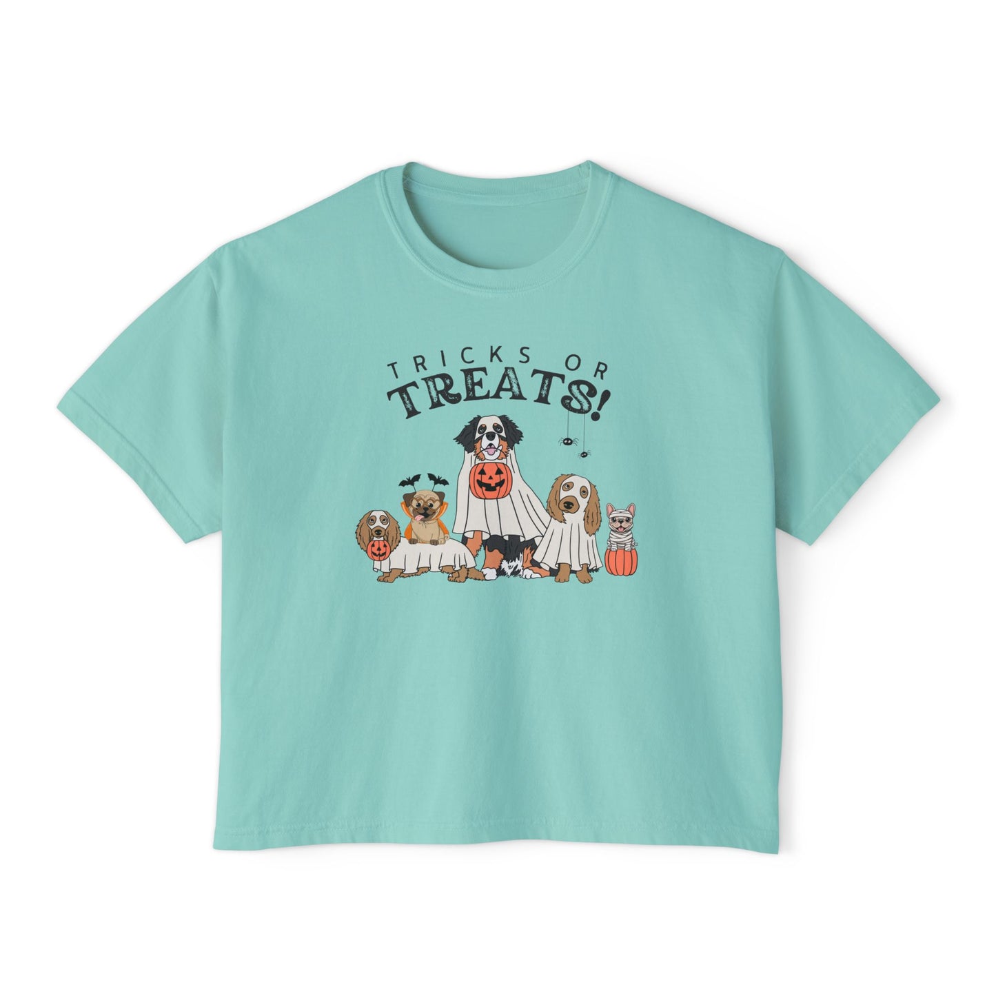 Women's Boxy Tee — "Tricks or Treats!" Halloween Dogs Graphic Tee