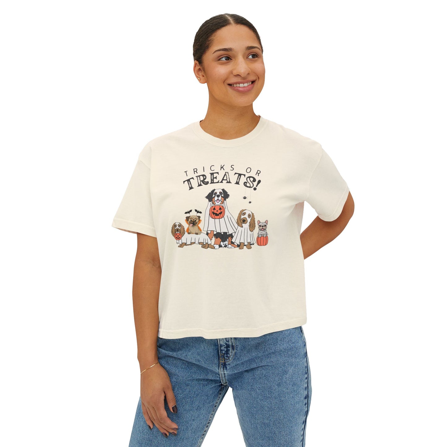 Women's Boxy Tee — "Tricks or Treats!" Halloween Dogs Graphic Tee