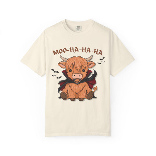 Highland Cow Vampire T-Shirt — "Moo-Ha-Ha-Ha" Cute Halloween Tee