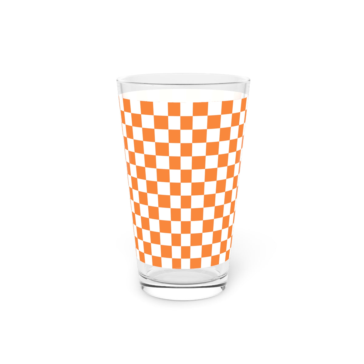 Orange Checkerboard 16oz Pint Glass — Retro Check Pattern Beer Glass