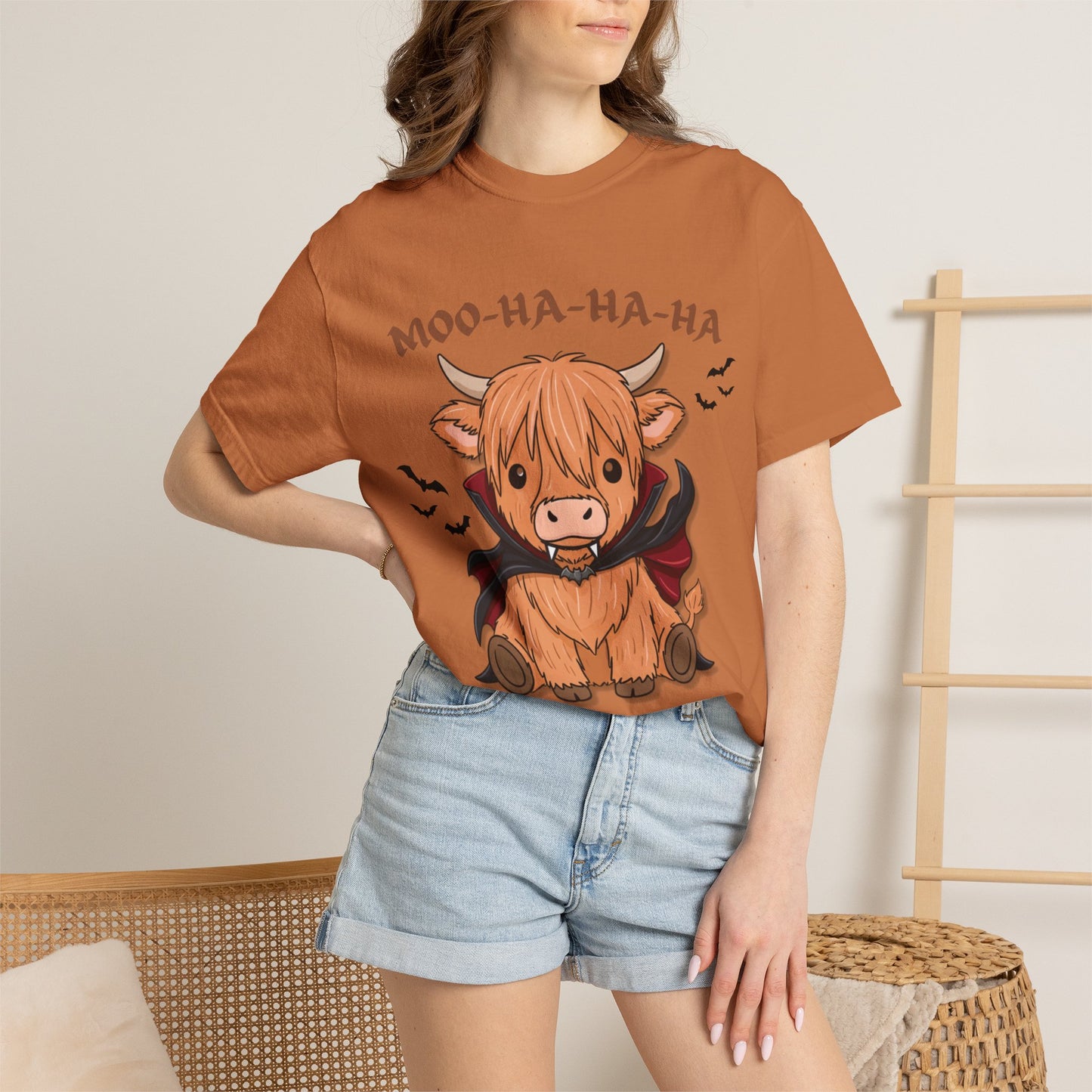 Highland Cow Vampire T-Shirt — "Moo-Ha-Ha-Ha" Cute Halloween Tee