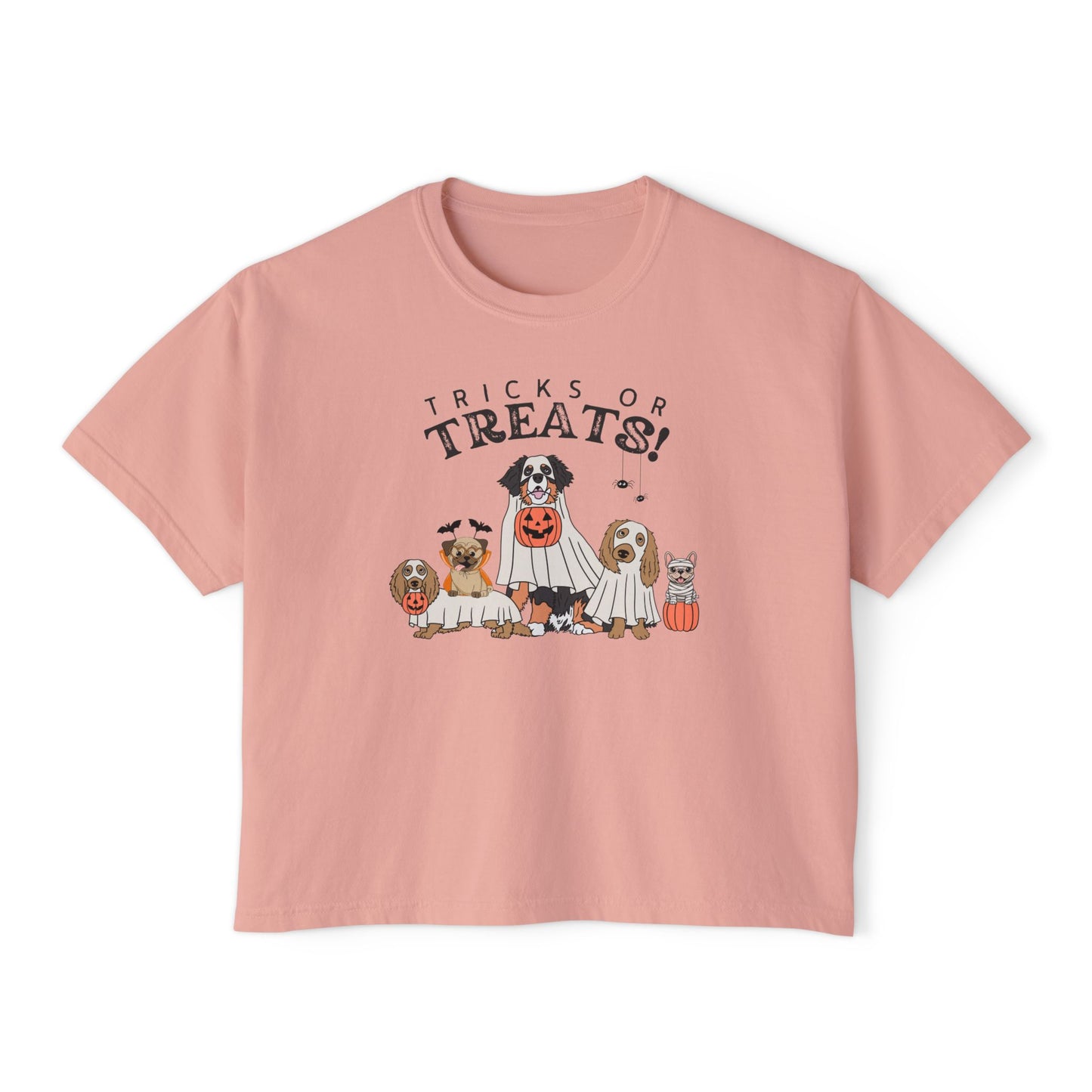 Women's Boxy Tee — "Tricks or Treats!" Halloween Dogs Graphic Tee
