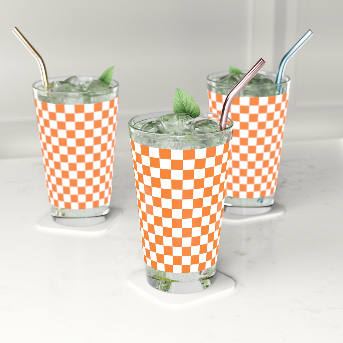 Orange Checkerboard 16oz Pint Glass — Retro Check Pattern Beer Glass