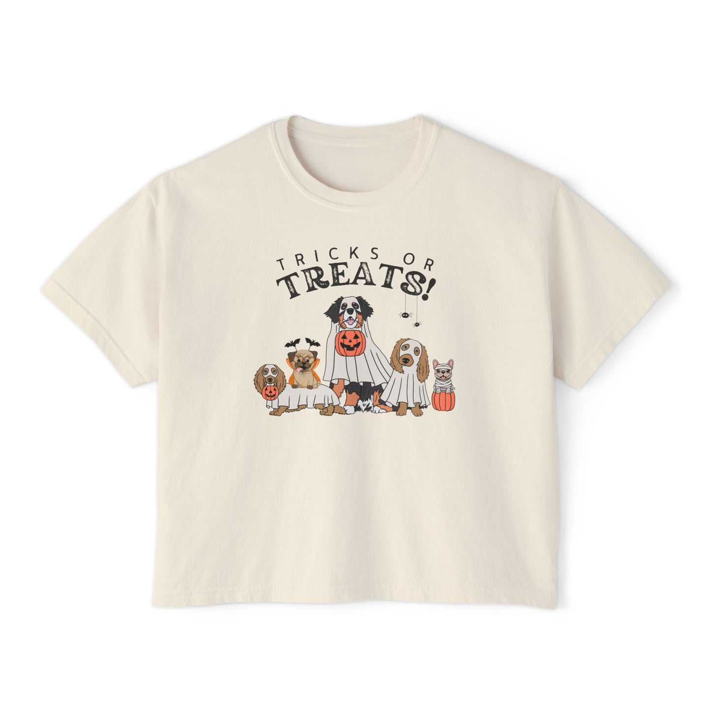 Women's Boxy Tee — "Tricks or Treats!" Halloween Dogs Graphic Tee