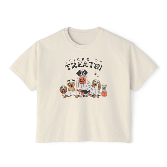 Women's Boxy Tee — "Tricks or Treats!" Halloween Dogs Graphic Tee