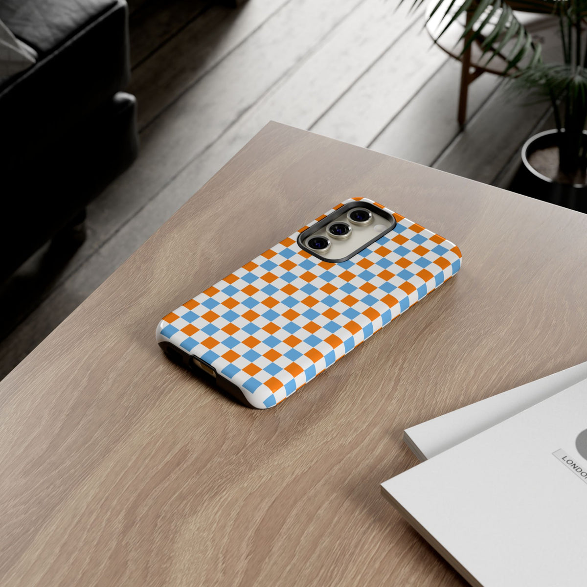 Orange and Blue Checkerboard Tough Case | Phone Cover, Geometric Pattern