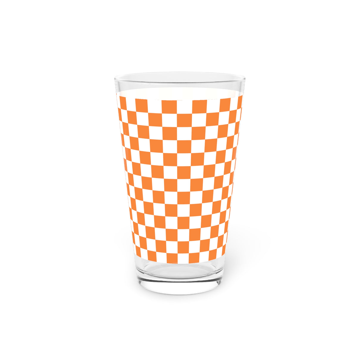 Orange Checkerboard 16oz Pint Glass — Retro Check Pattern Beer Glass