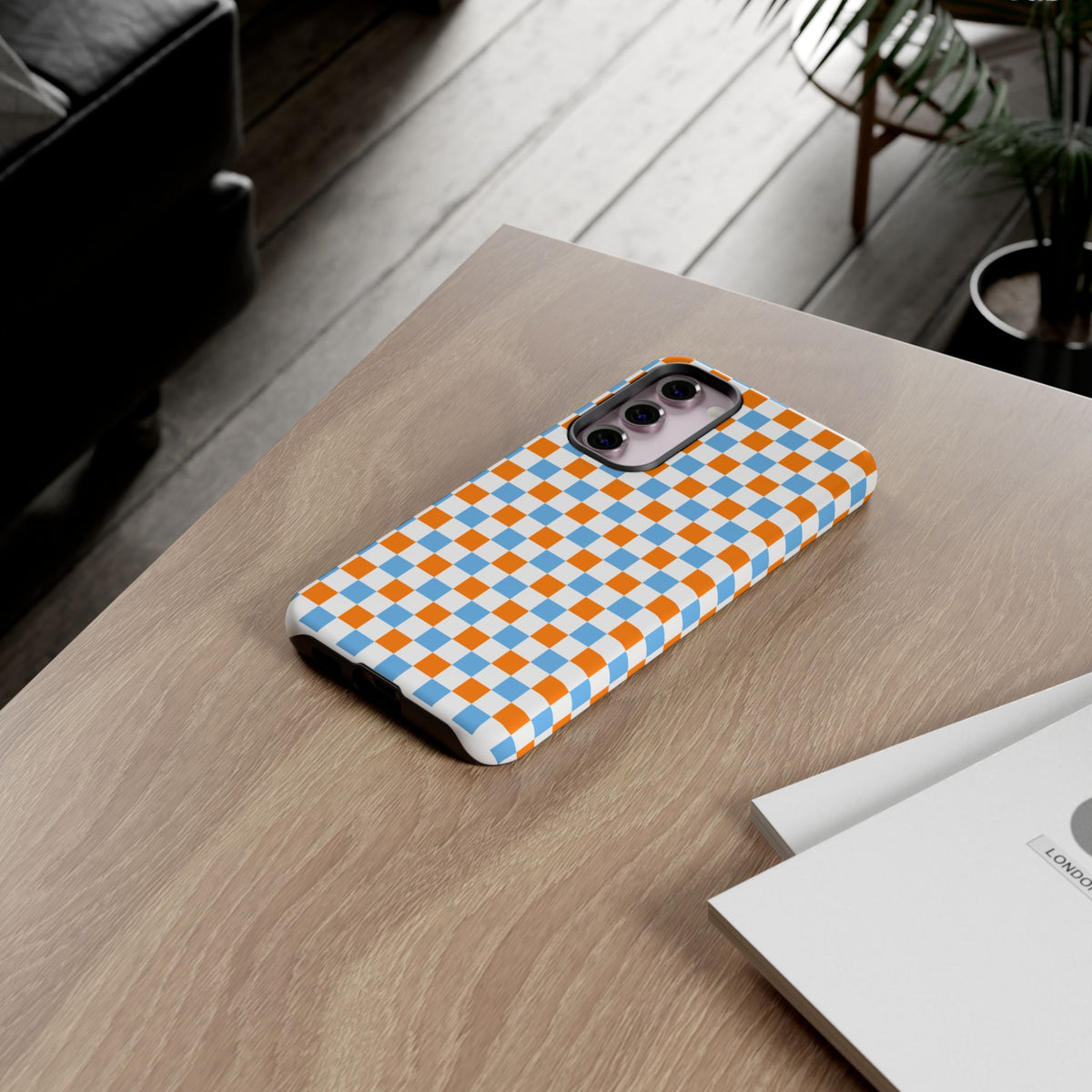 Orange and Blue Checkerboard Tough Case | Phone Cover, Geometric Pattern