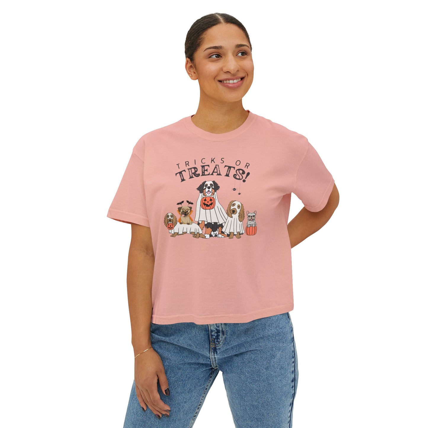 Women's Boxy Tee — "Tricks or Treats!" Halloween Dogs Graphic Tee