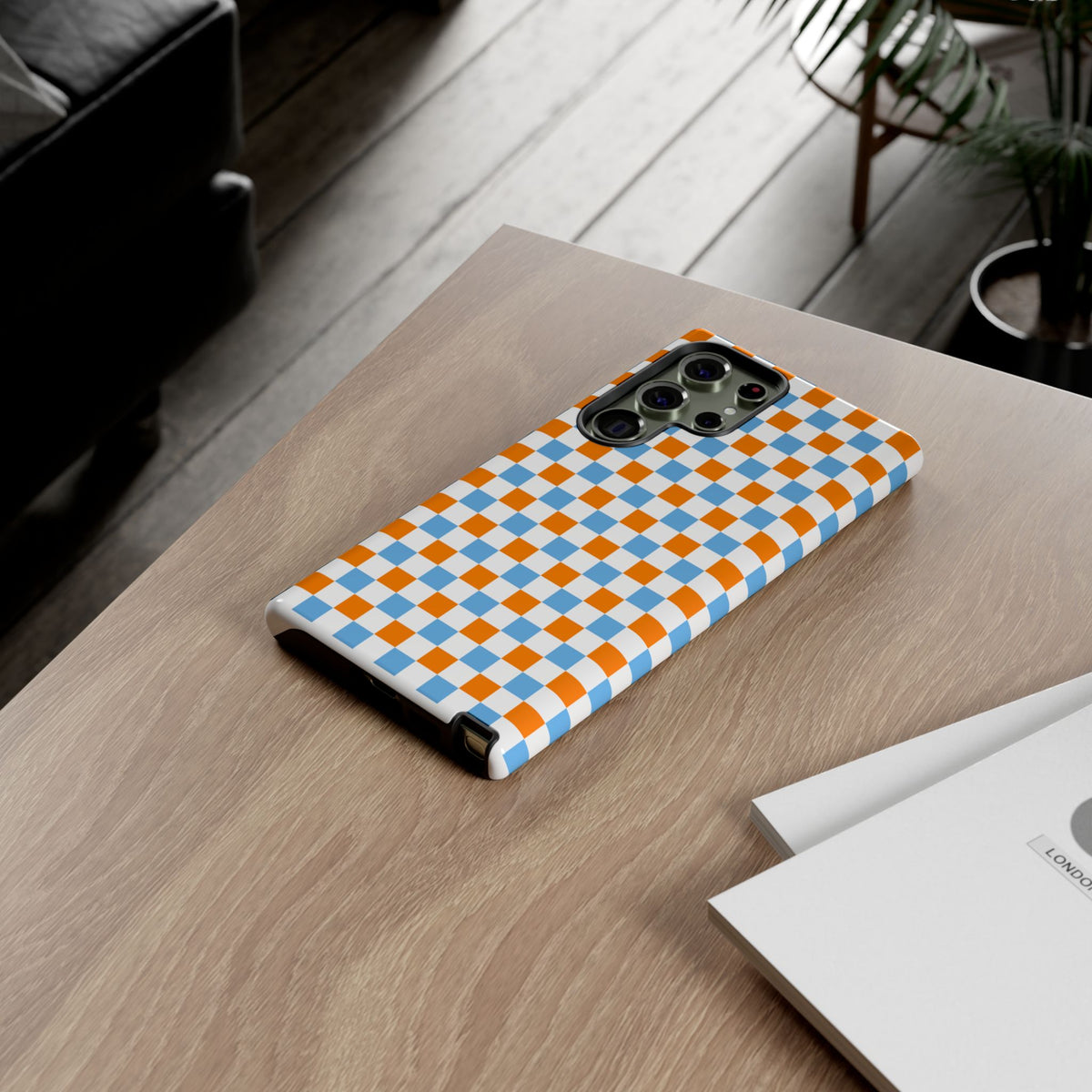 Orange and Blue Checkerboard Tough Case | Phone Cover, Geometric Pattern