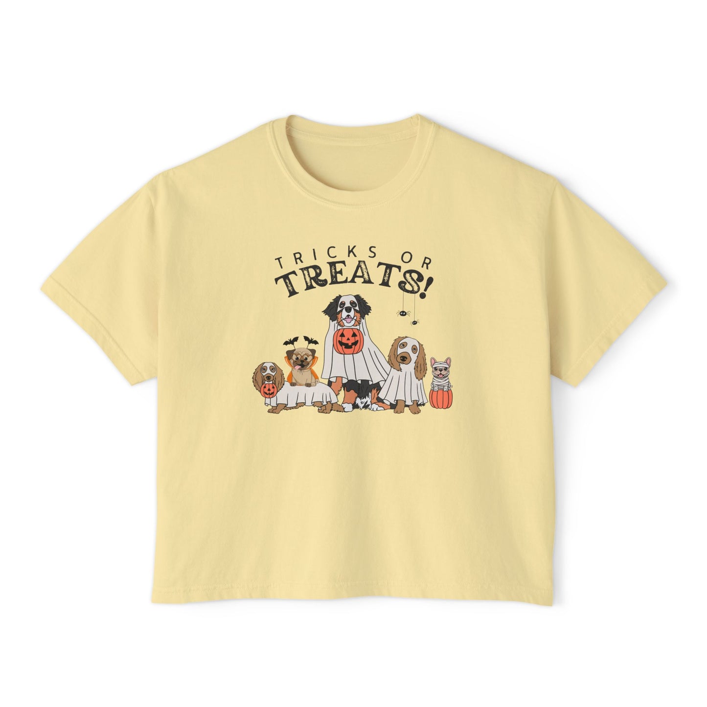 Women's Boxy Tee — "Tricks or Treats!" Halloween Dogs Graphic Tee