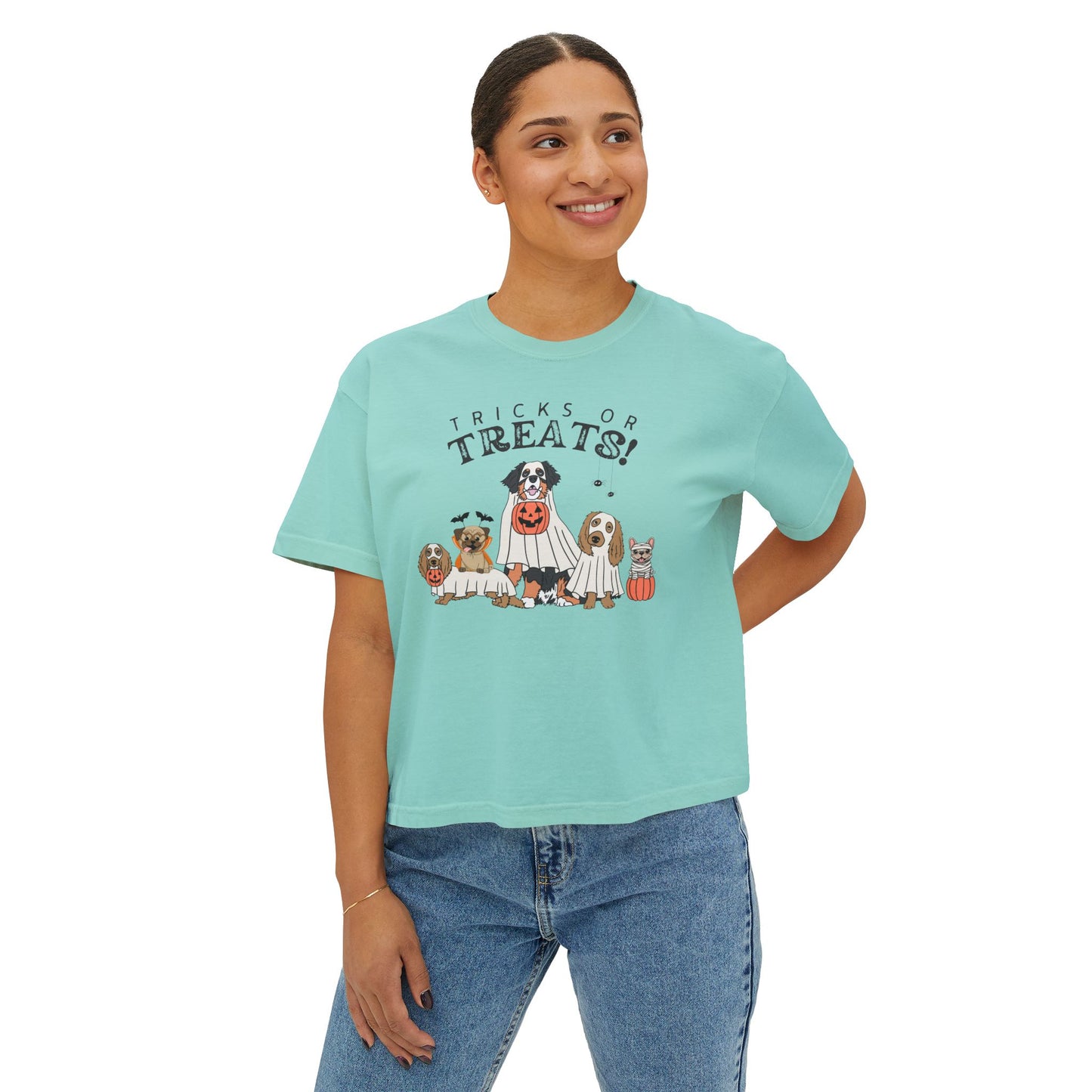 Women's Boxy Tee — "Tricks or Treats!" Halloween Dogs Graphic Tee