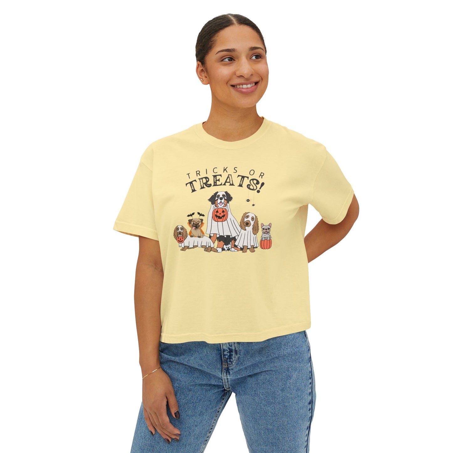 Women's Boxy Tee — "Tricks or Treats!" Halloween Dogs Graphic Tee