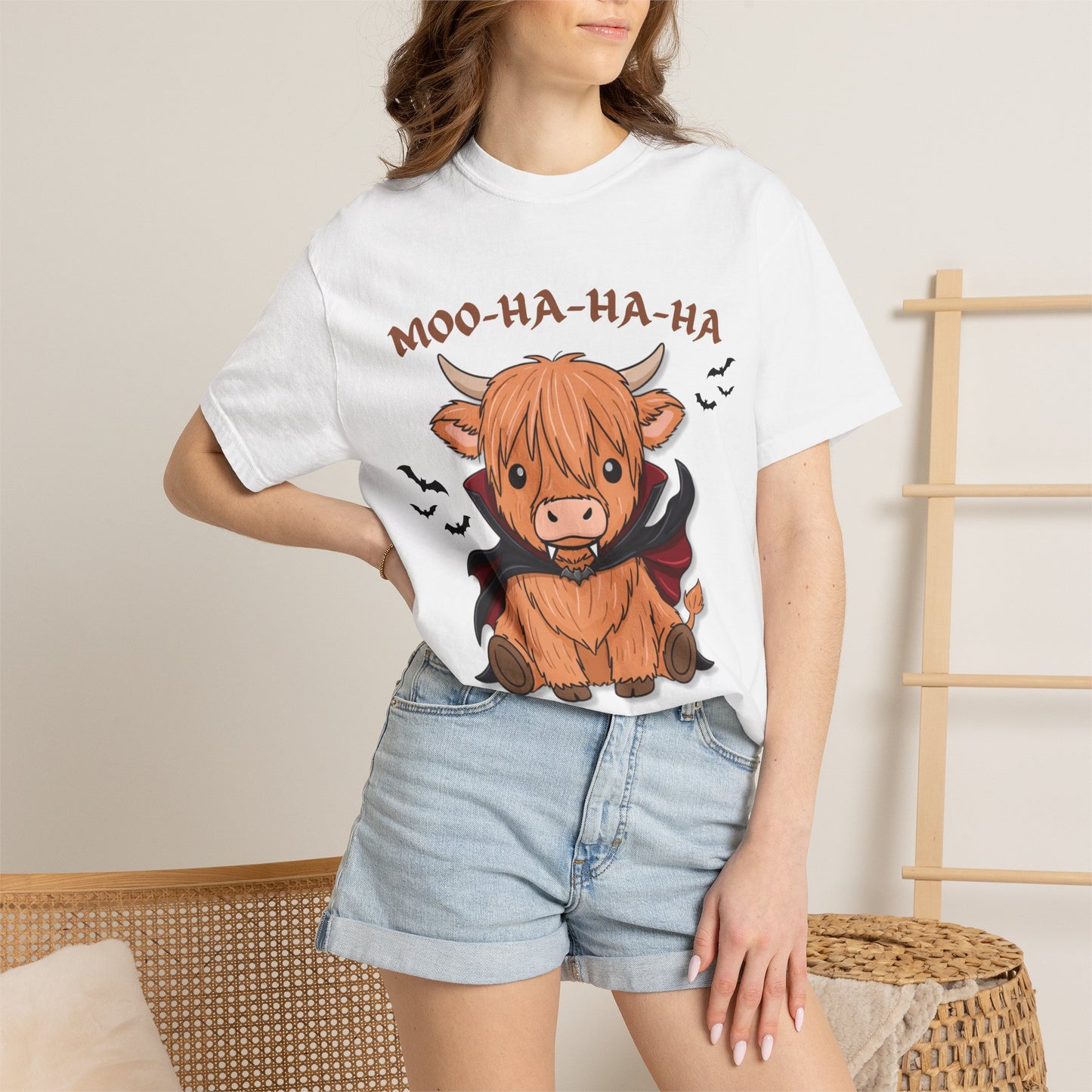 Highland Cow Vampire T-Shirt — "Moo-Ha-Ha-Ha" Cute Halloween Tee