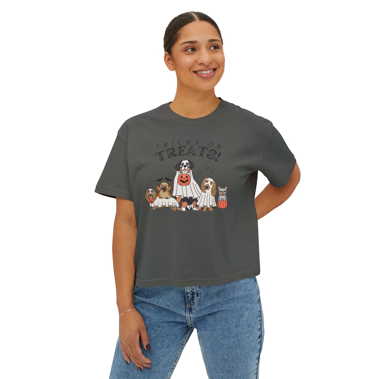 Women's Boxy Tee — "Tricks or Treats!" Halloween Dogs Graphic Tee