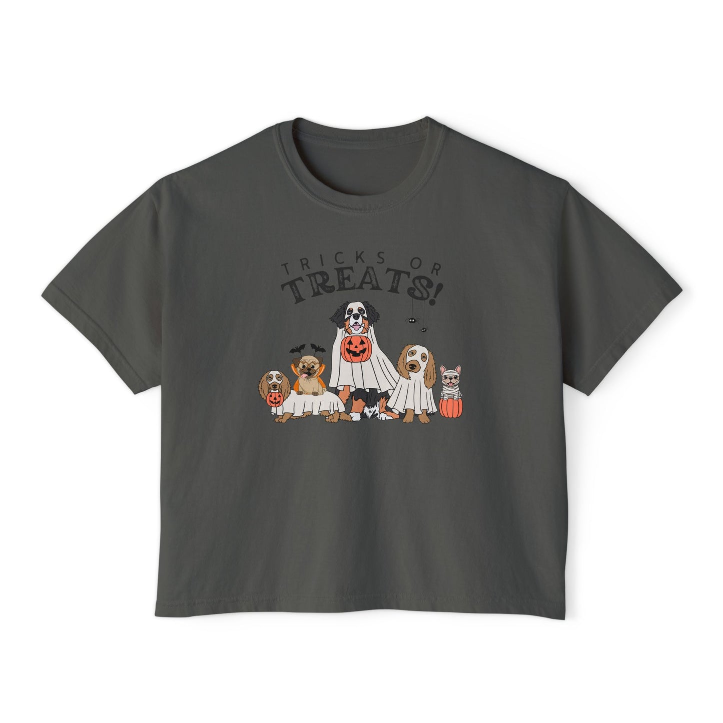 Women's Boxy Tee — "Tricks or Treats!" Halloween Dogs Graphic Tee